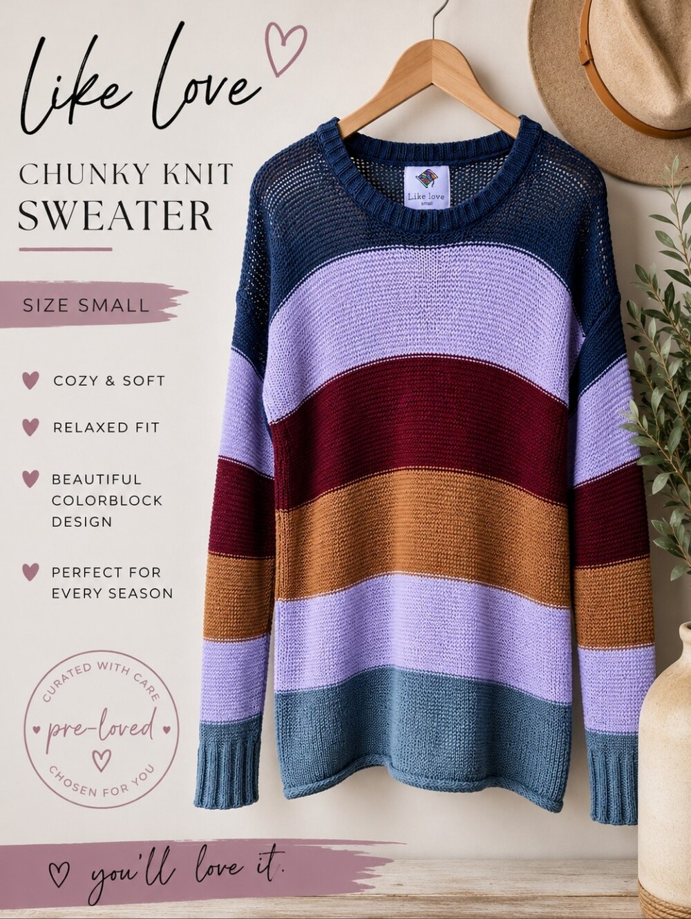 Like Love Colorblock Chunky Knit Sweater Small Boho Oversized Cozy Striped Chic